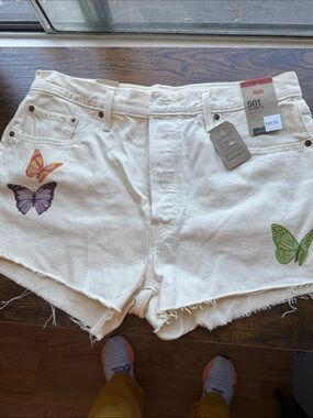 Levi's White 501 Denim Shorts with Colorful Butterfly Prints